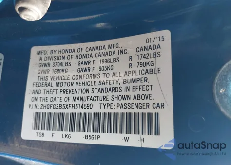 2015 Honda Civic Lx from USA, damaged, VIN 2HGFG3B5XFH514590